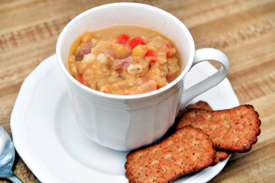 Quick and easy recipe for split pea soup with barley using yellow peas. Lots of healthy fiber and nutrition in a bowl!