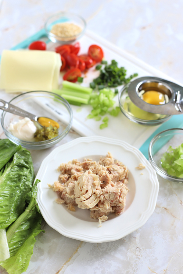 Ingredients for making a classic grilled tuna melt on a bun or English muffin.