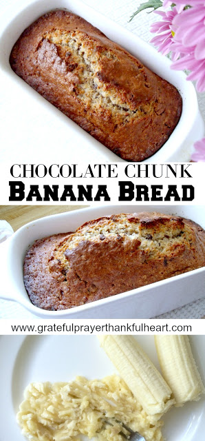 Chocolate Chunk Banana Bread is a great way to use overripe bananas. Moist, sweet and delicious with chunks of chocolate in this classic quick bread!