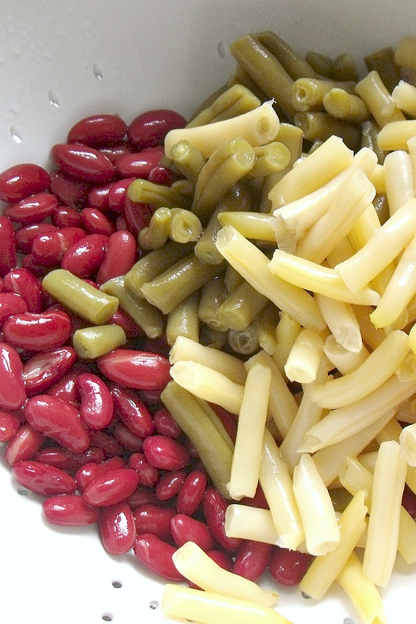Easy recipe for three bean salad combines green and waxed beans, kidney beans, onion and bell pepper tossed in a sweetened vinaigrette. Great side dish for burgers and hotdogs, barbecued chicken and pork. Serve at your next cookout! 