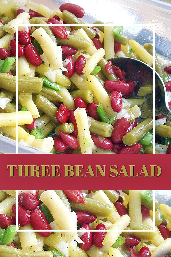 An old-fashioned favorite, three bean salad is such a great side to so many meals. An easy recipe that compliments burgers, hot dogs, barbecued chicken and pork. Green, waxed and kidney beans are marinated in a sweetened vinaigrette for great flavor.