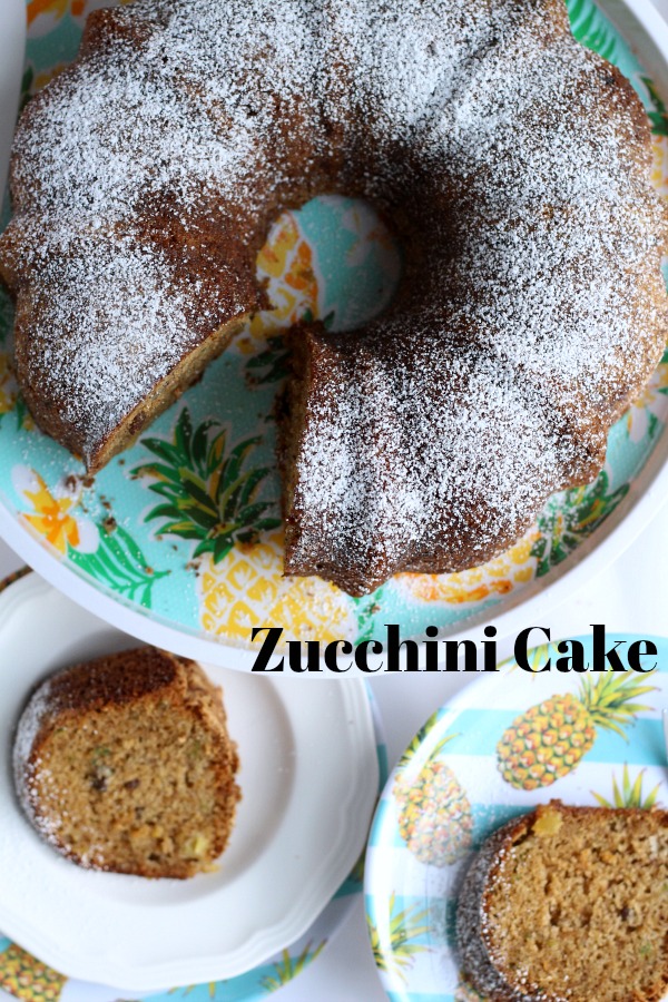 Easy, moist and delicious Zucchini Cake with pineapple and nuts is passed down from a vintage recipe. Made in a bundt pan and topped with glaze or 10X sugar