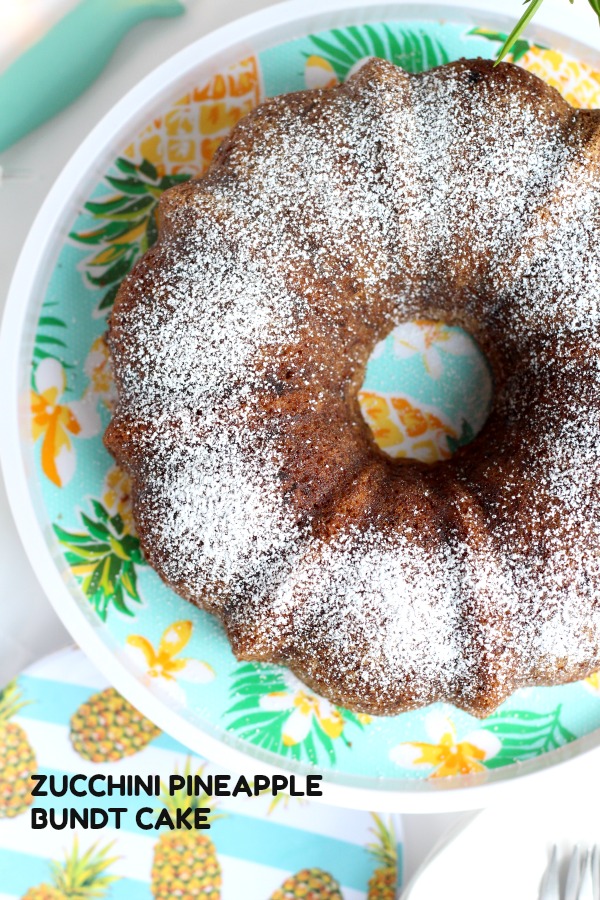 Easy, moist and delicious Zucchini Cake with pineapple and nuts is passed down from a vintage recipe. Made in a bundt pan and topped with glaze or 10X sugar