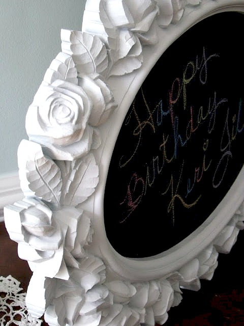 Recycled and re-purposed garage sale framed mirror becomes a chalkboard birthday gift for a little girl turning six years old. Easy DIY project.
