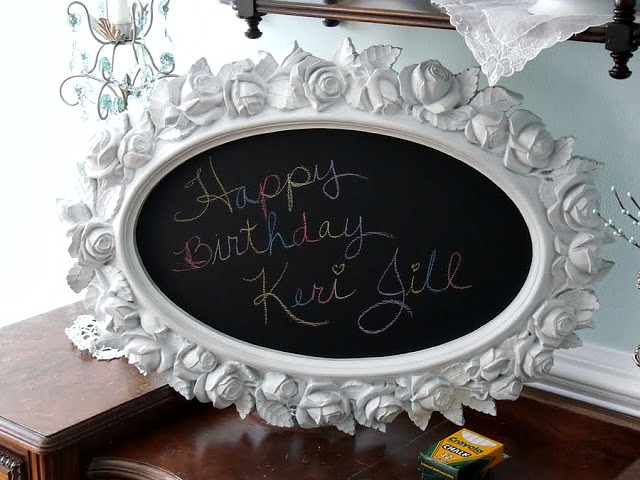 Recycled and re-purposed garage sale framed mirror becomes a chalkboard birthday gift for a little girl turning six years old. Easy DIY project.