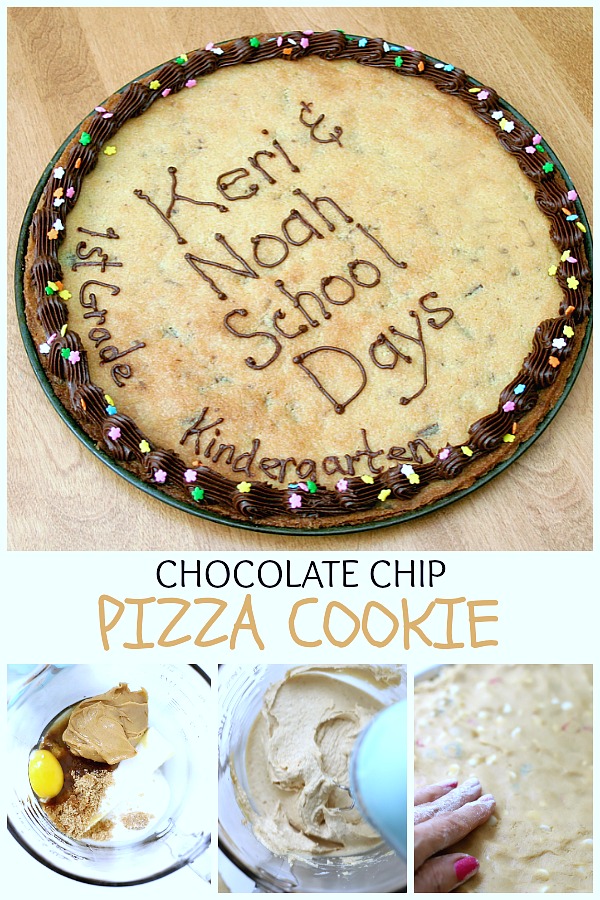Easy recipe for a super fun, giant cookie that kids love! A chocolate chip pizza cookie is an easy back-to-school or birthday dessert and less work than making individual cookies.