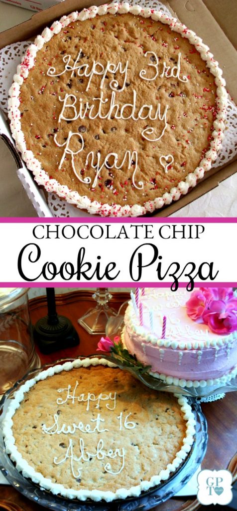 Easy recipe for Chocolate chip cookie pizza for birthdays or back to school treat.