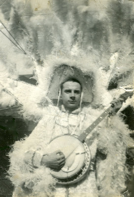 Vintage photos of Daddy with his banjo and feathery plumes doing the Mummers strut in the Philadelphia New Year's Day Mummers parade. 