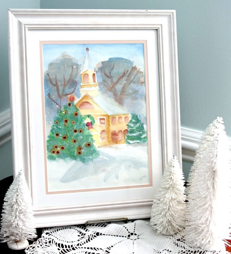 Watercolor Christmas Painting of Church in the Snow and a sweet poem by Edgar Guest titled: The Little Church.