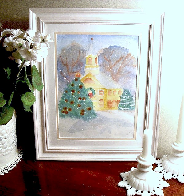 church in the snow watercolor painting by Jill and Mom