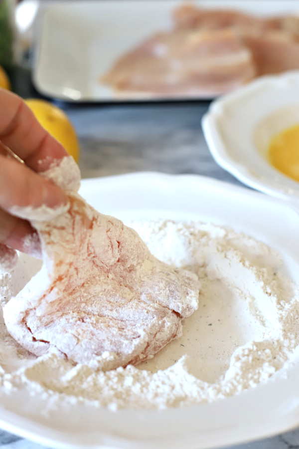 dredging chicken breasts for chicken francese.