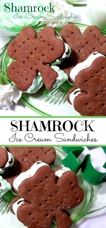 Easy recipe for homemade chocolate cookies cut into shamrock shapes with a cookie cutter. Spread with mint chocolate chip ice cream to create festive St Patrick's Day Minty Ice Cream Shamrocks treats.