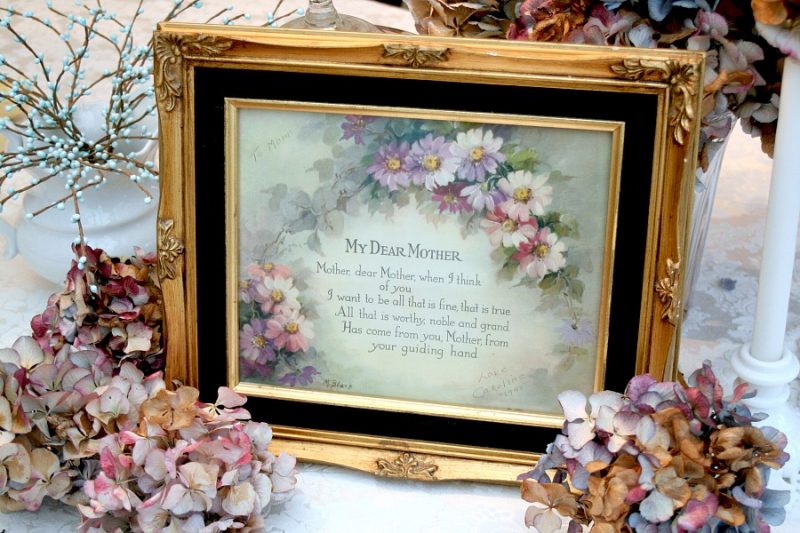 Vintage and Framed, My Dear Mother Print and Poem by M Black with muted shades of daisy-like flowers circa 1945.