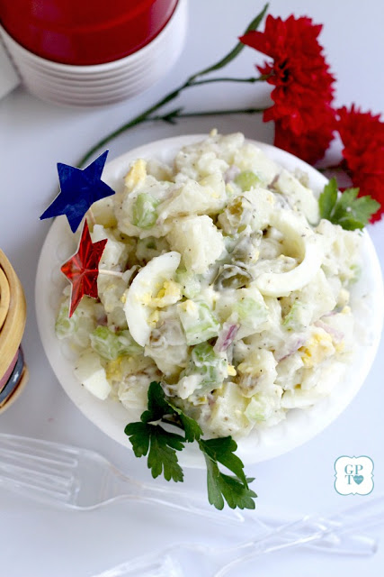 This recipe for old-fashioned potato salad is far from boring. Lots of flavor from sweet gherkin pickles, celery, onion & eggs. A classic barbecue favorite!