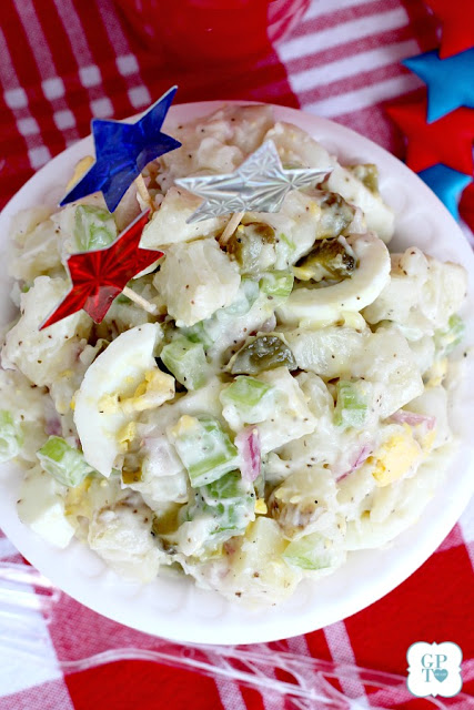 This recipe for old-fashioned potato salad is far from boring. Lots of flavor from sweet gherkin pickles, celery, onions & eggs. A classic barbecue favorite!
