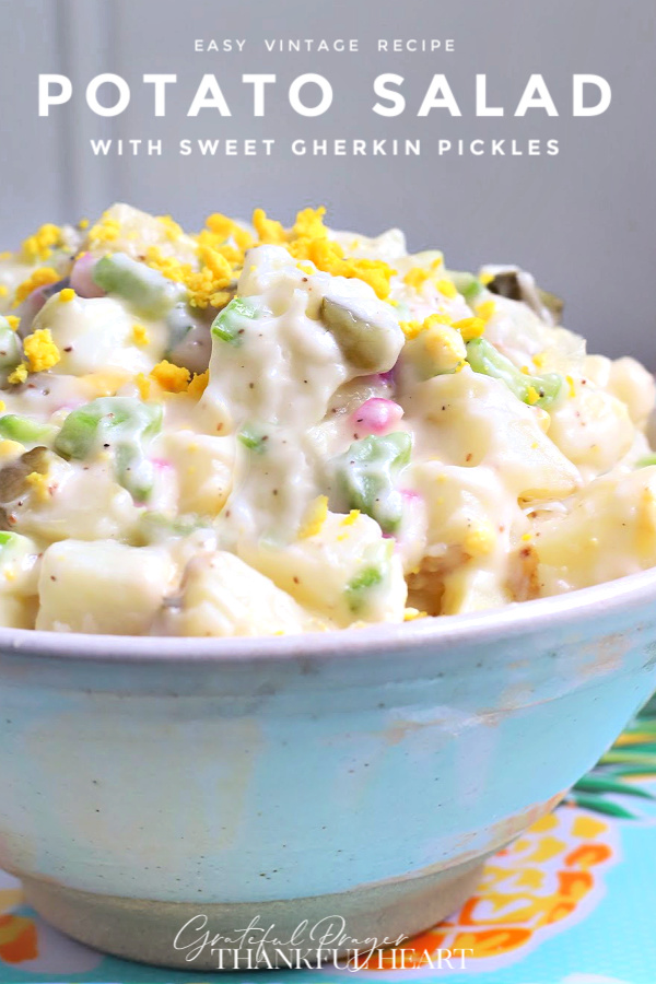 Easy old-fashioned recipe for traditional potato salad is full of flavor from sweet gherkin pickles, celery, onions & eggs. A classic 4th of July cookout favorite side dish with burgers, BBQ chicken and hotdogs!