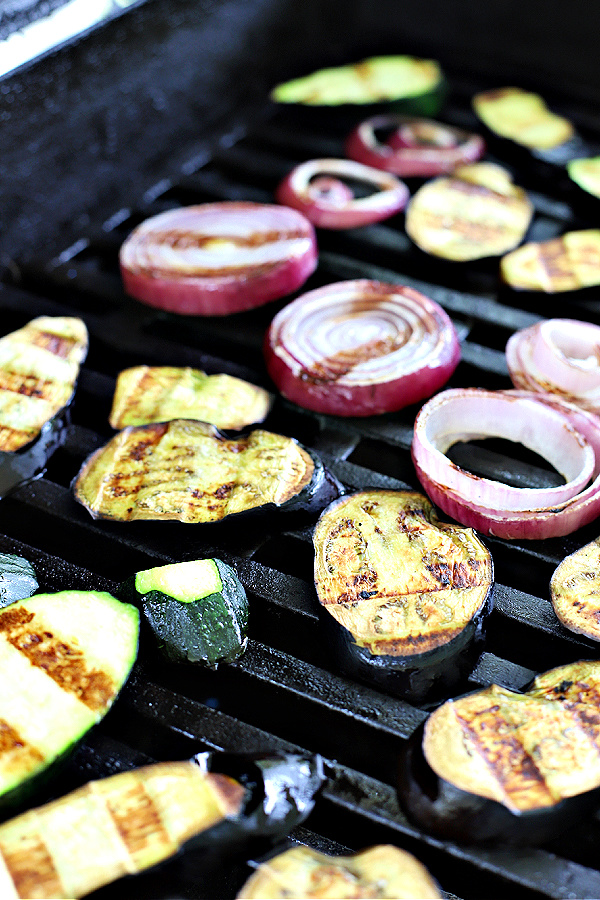 grilling zucchini, eggplant onions for grilled vegetable panini sandwich