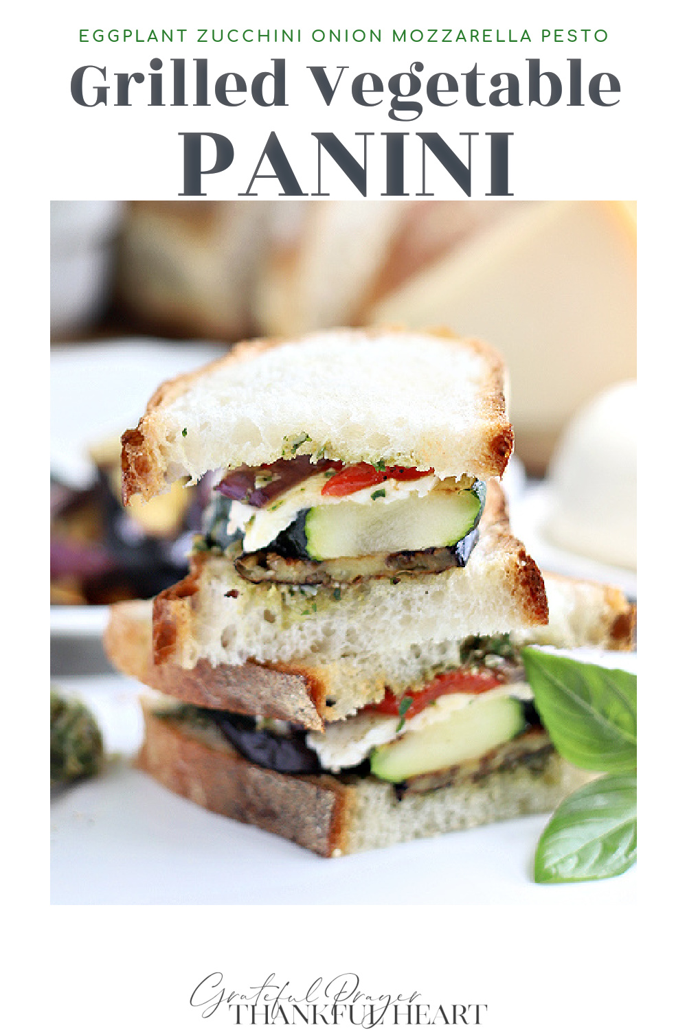 Grilled vegetable panini with eggplant, zucchini & onions, fresh basil pesto, mozzarella & roasted peppers is a tasty, low calorie sandwich.