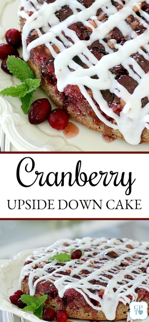 Cranberry upside down is a bright, jewel-tone cake brimming with cranberries, autumn spices and nuts. A perfect ending for your Thanksgiving dinner.