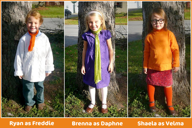 Adorable Scooby Doo characters, Velma, Daphne and Freddie, easy to pull together Halloween costumes using thrift store finds. 
