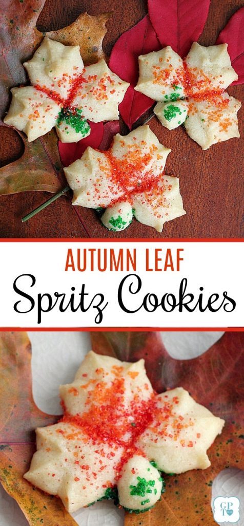 Colorful, buttery and tender Spritz cookies made easy with a cookie press. Leaf shape lovely for autumn and Thanksgiving dessert table.