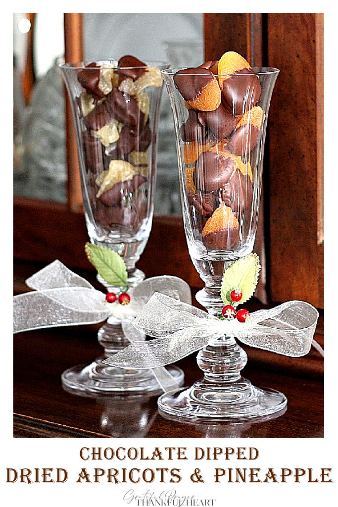 Chocolate dipped dried fruit such as apricot and pineapple chunks make a lovely food gift from your kitchen, especially packaged in a crystal stemmed glass and ties with a festive bow!