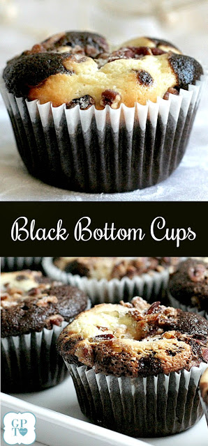 Moist and chocolaty, black bottom cups are rich little cupcakes with a cream cheese & chocolate chip filling and topped with sugar and pecans.