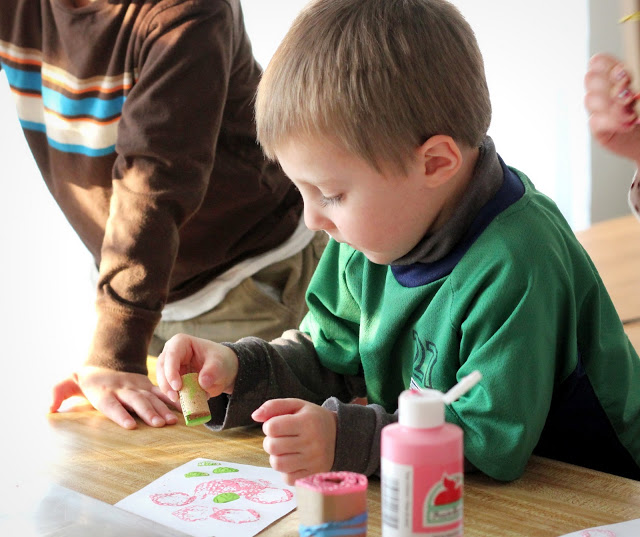 Stamped Valentine's to make with Kids is a fun and easy project. Rolled cardboard is used to create a rose pattern to stamp a lovely design to give to Mom.