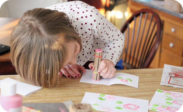 Stamped Valentine's to make with Kids is a fun and easy project. Rolled cardboard is used to create a rose pattern to stamp a lovely design to give to Mom.