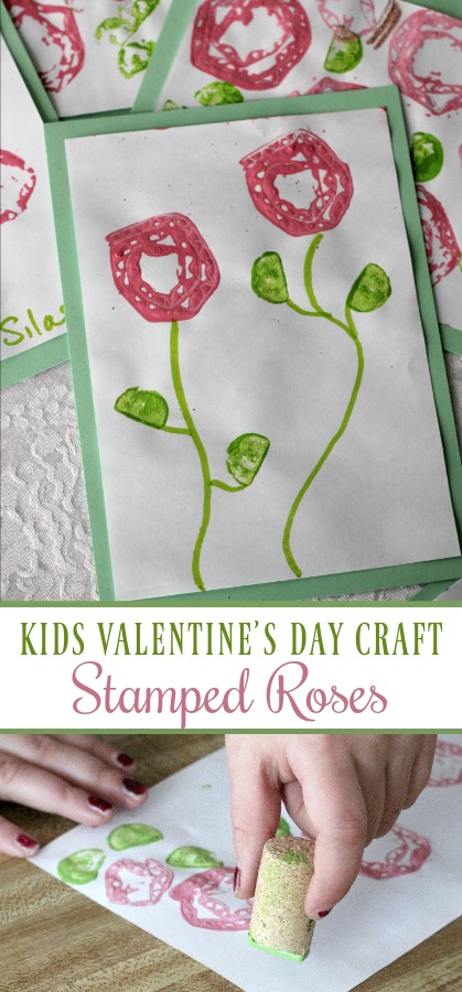 Stamped Valentine's to make with Kids is a fun and easy project. Rolled cardboard is used to create a rose pattern to stamp a lovely design to give as cards for Mom.