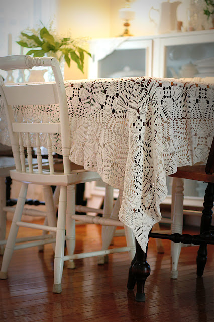 Vintage Cream Crochet Tablecloth   47x44