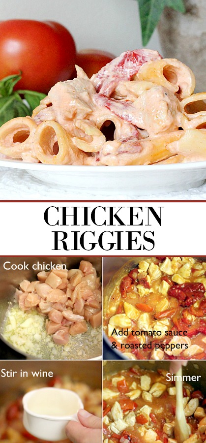 Chicken or Utica Riggies is an Italian-American pasta dish native to the Utica-Rome area of New York State. It is a pasta dish consisting of chicken, rigatoni and hot or sweet peppers in a spicy cream and tomato sauce.