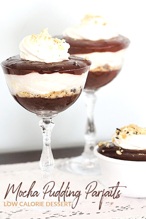 Easy recipe for chocolate mocha pudding parfaits. They are a snap to mix up, taste delicious and low calories too. Perfect and satisfying treat when dieting.
