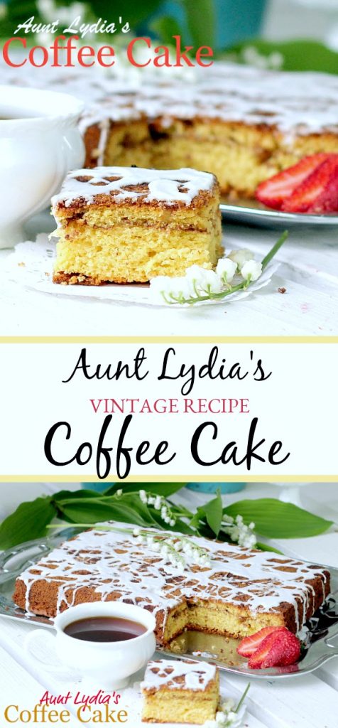 Aunt Lydia's coffee cake is a family favorite from a vintage recipe. A doctored cake mix with the addition of brown sugar, cinnamon and pecans is easy and delicious.