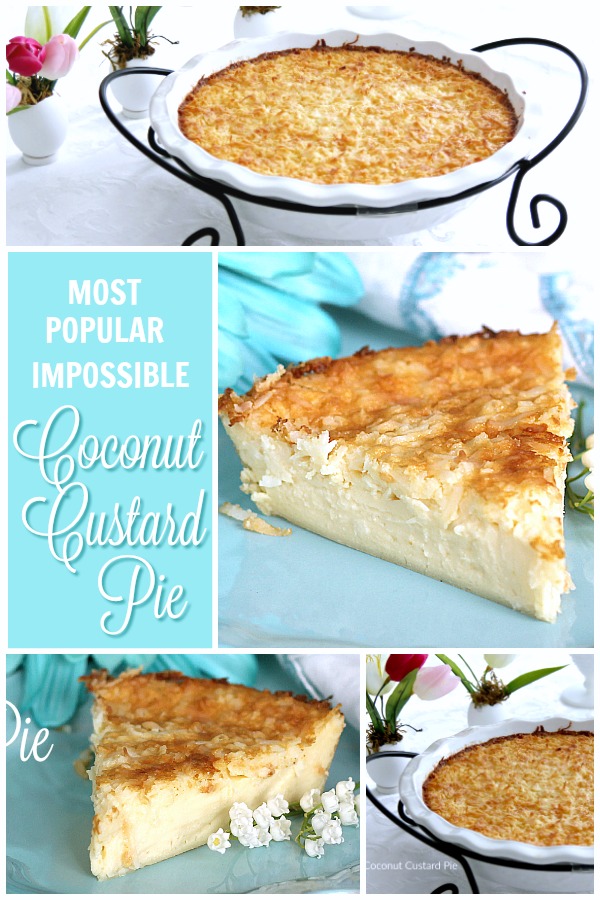 Super easy, so delicious and always a favorite. Creamy Impossible Coconut Custard pie creates its own crust and takes just a few minutes to prepare.