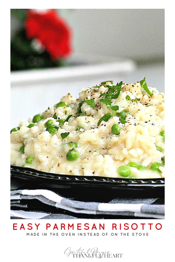 Easy risotto with Parmesan cheese made in a Dutch oven and baked rather that on the stove. White wine, peas, salt & pepper for a delicious arborio rice side dish.