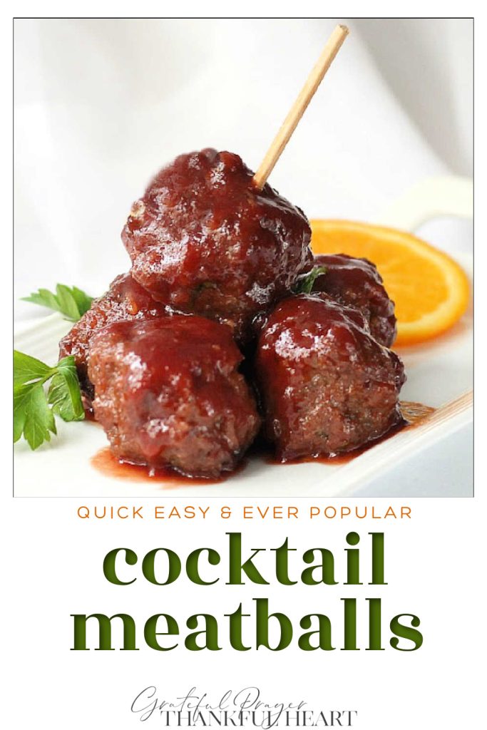 Popular cocktail meatballs are perfect as an appetizer or entrée.  An easy recipe for entertaining, bridal showers, tailgating and even on dinner rolls as a sandwich. 