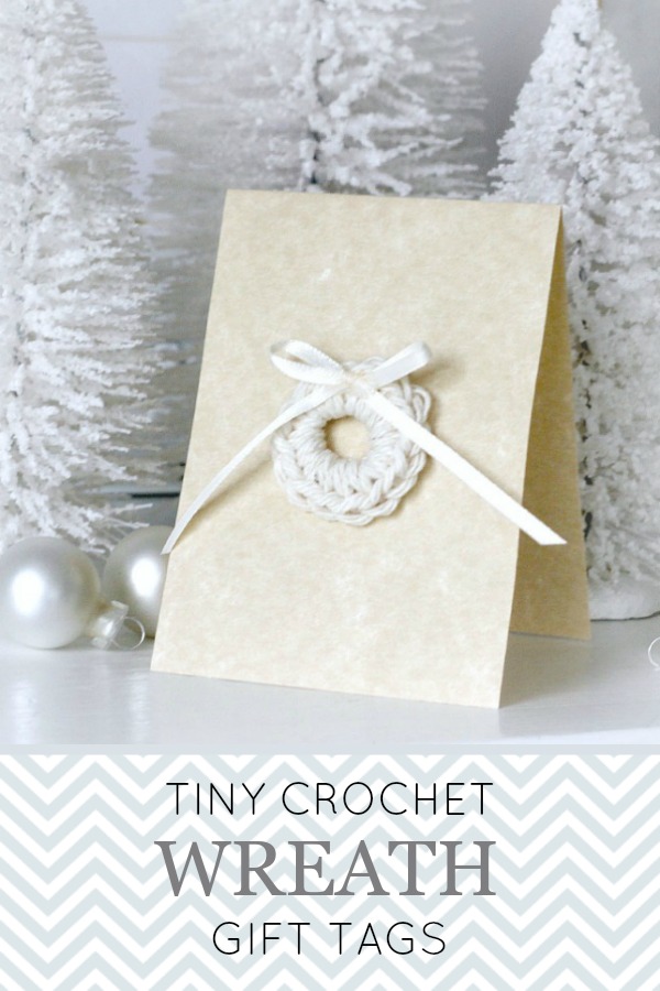 Super quick and super easy pattern. Make a stack of crochet wreath tags to decorate holiday packages in very little time. Make them in any color using tiny amounts of yarn.