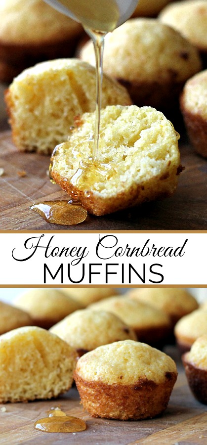 Make regular-size or mini Honey Cornbread Muffins with easy recipe. Drizzle with additional honey if you like and serve as a snack or a delicious side with soup, salad or dinner entree