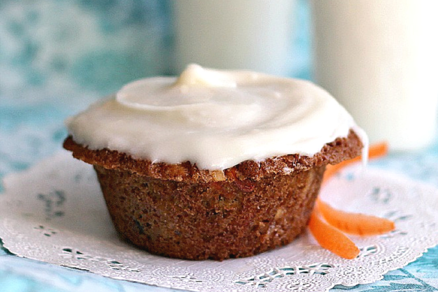 Carrot, Currant & Coconut Muffins served plain or with Cream Cheese Frosting. Make healthier by substituting applesauce for the butter.
