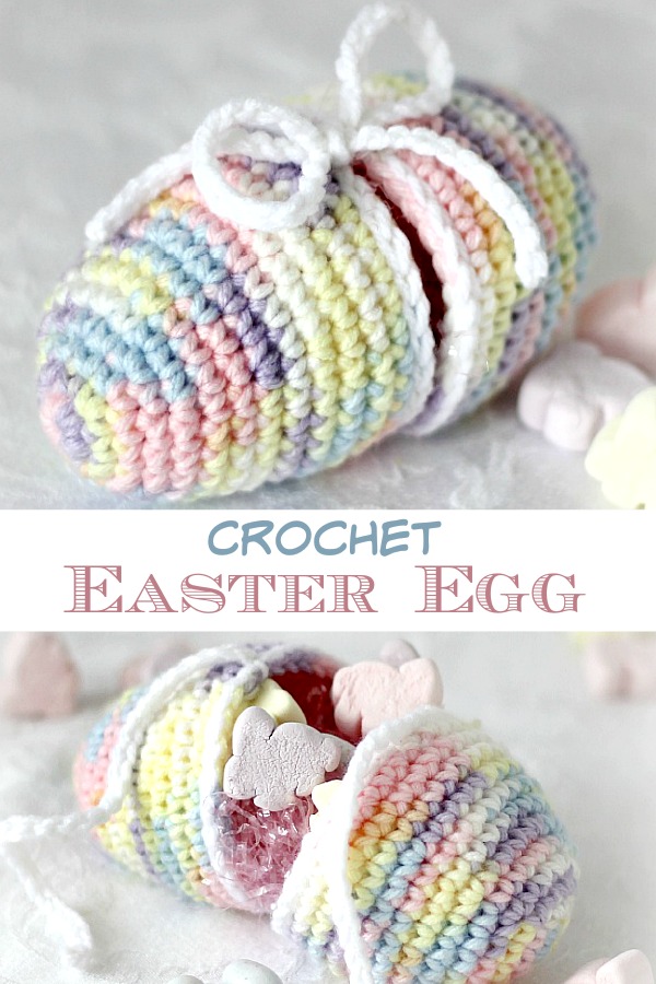 Easy pattern for Crochet Easter Egg that separates to open. Fill with a little Easter grass and tuck in candy or small toys and tie to close. Surprise children in their baskets or use in a pretty holiday centerpiece.