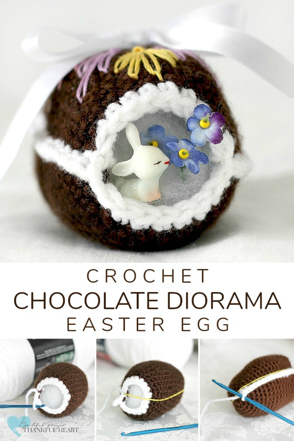 Peek inside this sweet crocheted chocolate diorama Easter egg decorated with faux frosting and embroidered scrolls. Cute pattern for holiday décor tablescapes or filling Easter baskets.