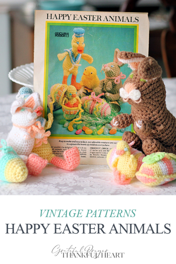 Sweet memories of crocheting with my mom to create adorable Easter decorations. The patterns are now vintage that we used to crochet pastel eggs, an alert bunny, a tiny chick and a dapper duck in soft pastel yarn.
