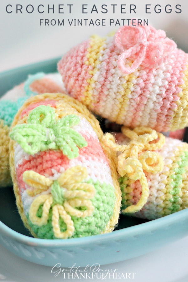 Sweet vintage pattern for crochet Easter eggs. Crochet in pretty pastel colors and fill a basket or bowl for a lovely and decorative holiday centerpiece. Pattern works up quickly and uses little yarn.