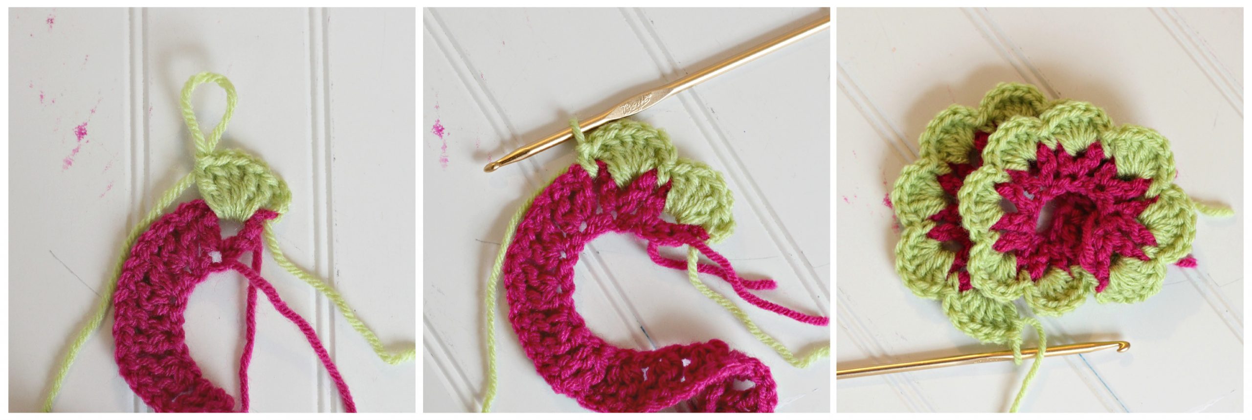 Easy step-by-step how-to pattern for crochet leaves and roses. Use for crafts and decorating projects.