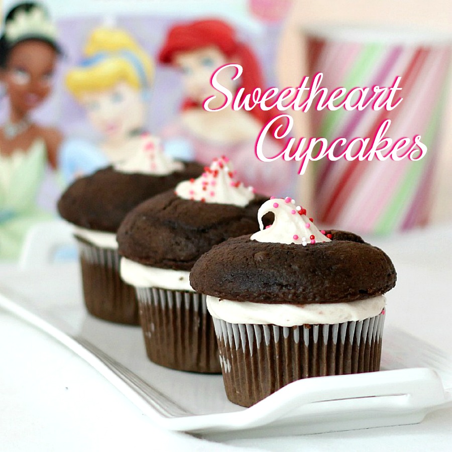 Disney Princess Cupcakes start with a mix and are filled with frosting mixed with jam. Sweetheart Chocolate Cupcakes are a fun & yummy kids cooking project.