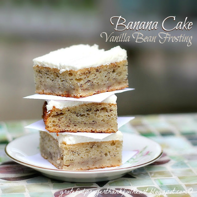 Easy recipe for a one-layer, moist and delicious banana cake with vanilla bean frosting. Baked in a 9-inch pan for a small size dessert.