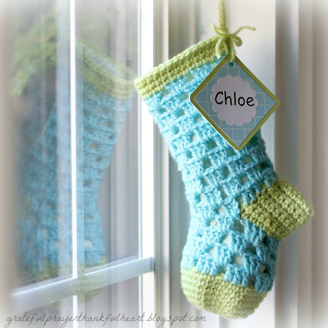 Pattern for crochet stocking for baby's 1st Christmas, It is lined with fabric to keep treasures safely inside. Just the right size for baby.