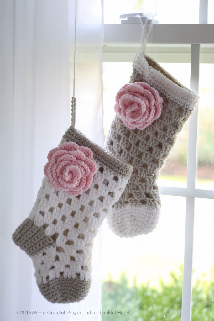 Pattern for crochet stocking for baby's 1st Christmas, It is lined with fabric to keep treasures safely inside. Just the right size for baby.
