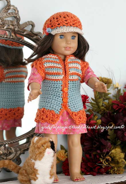 Adorable sweater vest with matching beanie hat American Girl Crochet Pattern for dolls. Work in solid color, make stripes or variegated to vary look.
